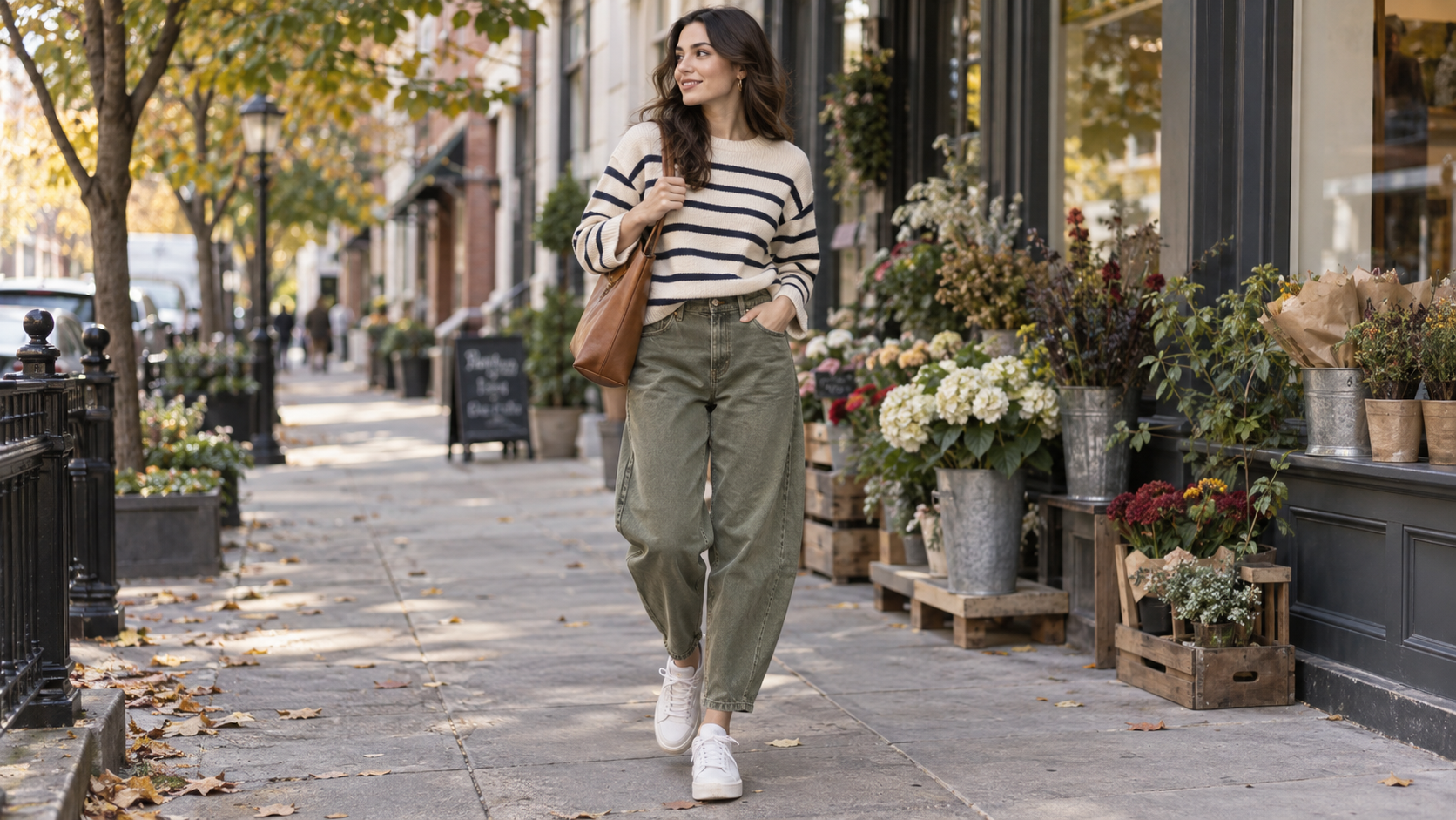 Cream and Navy Striped Top with Olive Green Barrel Jeans and White Sneakers